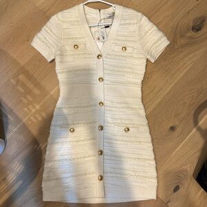 Milly Cream Short-Sleeve Textured Knit Mini Dress with Gold Buttons
